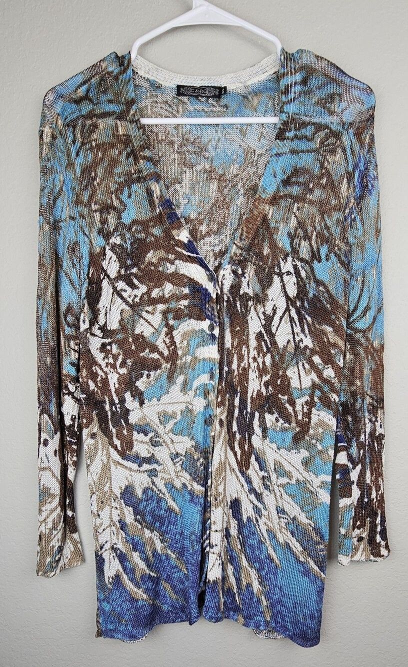 Zozo Women's Size XL Blue Brown Cardigan Sweater Linen Viscose Blend Button Up